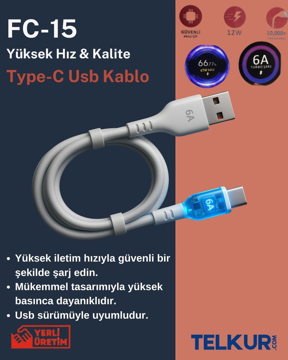 FERRO FC-15  Type-C Hızlı Şarj ve Data Kablosu 6 Amper 67W