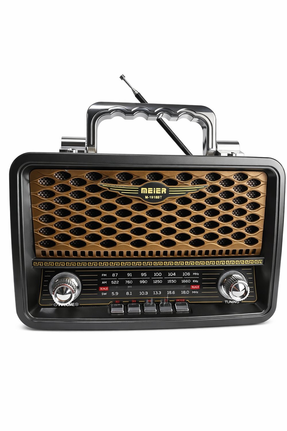M-1918BT Nostaljik Radyo Görünümlü LED Işıklı Bluetooth,Hafıza Kartı,Usb Bellek,Aux Ve Radyo Destekli Hoparlör Gold