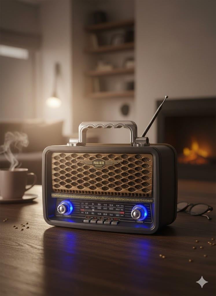 M-1918BT Nostaljik Radyo Görünümlü LED Işıklı Bluetooth,Hafıza Kartı,Usb Bellek,Aux Ve Radyo Destekli Hoparlör Gold