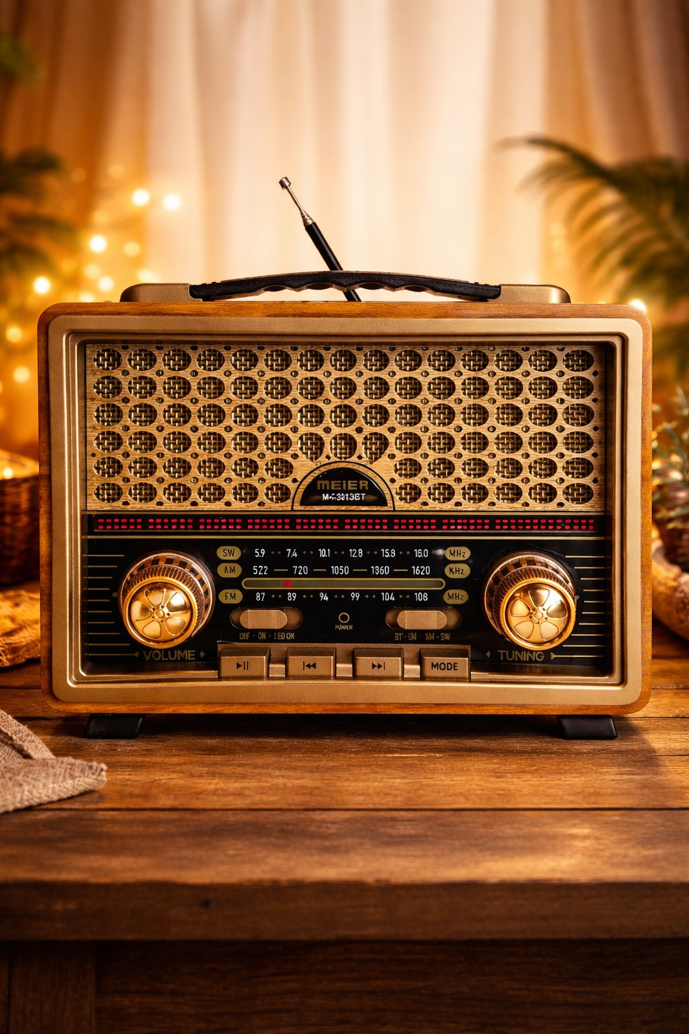 M-2013BT Nostaljik Radyo Görünümlü LED Işıklı Bluetooth,Hafıza Kartı,Usb Bellek,Aux Ve Radyo Destekli Hoparlör (BROWN)