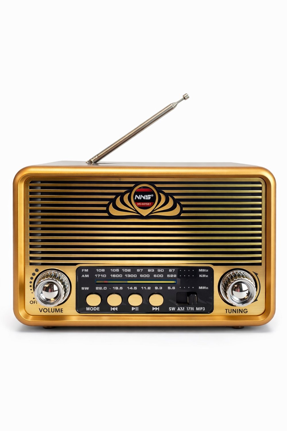NS-6675BT Nostaljik Radyo Görünümlü Fenerli Bluetooth,Hafıza Kartı,Usb Bellek,Aux Ve Radyo Destekli Hoparlör Gold