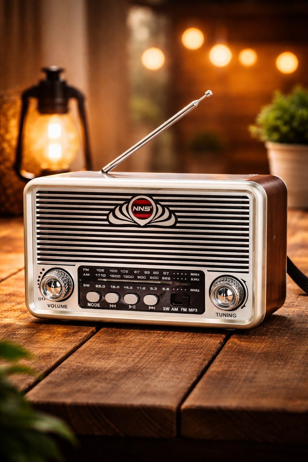 NS-6675BT Nostaljik Radyo Görünümlü Fenerli Bluetooth,Hafıza Kartı,Usb Bellek,Aux Ve Radyo Destekli Hoparlör Gri