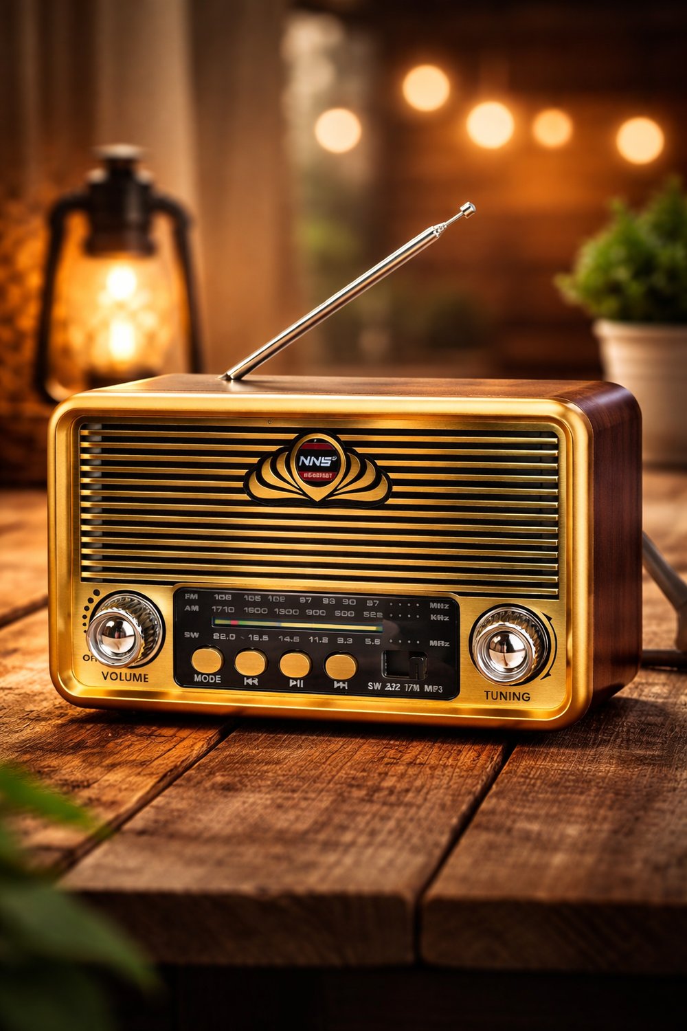NS-6675BT Nostaljik Radyo Görünümlü Fenerli Bluetooth,Hafıza Kartı,Usb Bellek,Aux Ve Radyo Destekli Hoparlör Gold