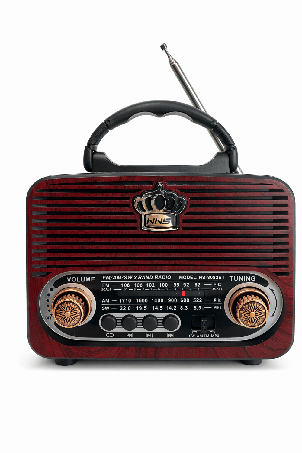 NS-8092BT Nostaljik Radyo Görünümlü Bluetooth,Hafıza Kartı,Usb Bellek,Aux Ve Radyo Destekli Hoparlör Bordo Ahşap 