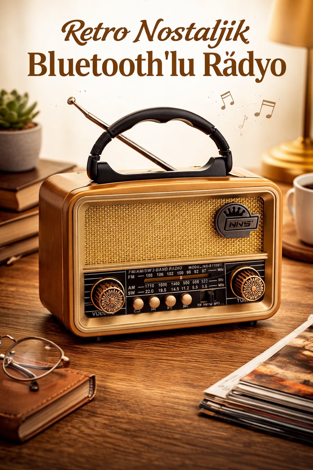 NS-8110BT Nostaljik Radyo Görünümlü Bluetooth,Hafıza Kartı,Usb Bellek,Aux Ve Radyo Destekli Hoparlör Altın