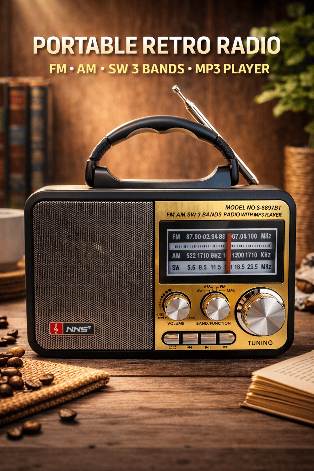 NS-8897BT Nostaljik Radyo Görünümlü Bluetooth,Hafıza Kartı,Usb Bellek,Aux Ve Radyo Destekli Hoparlör Gold