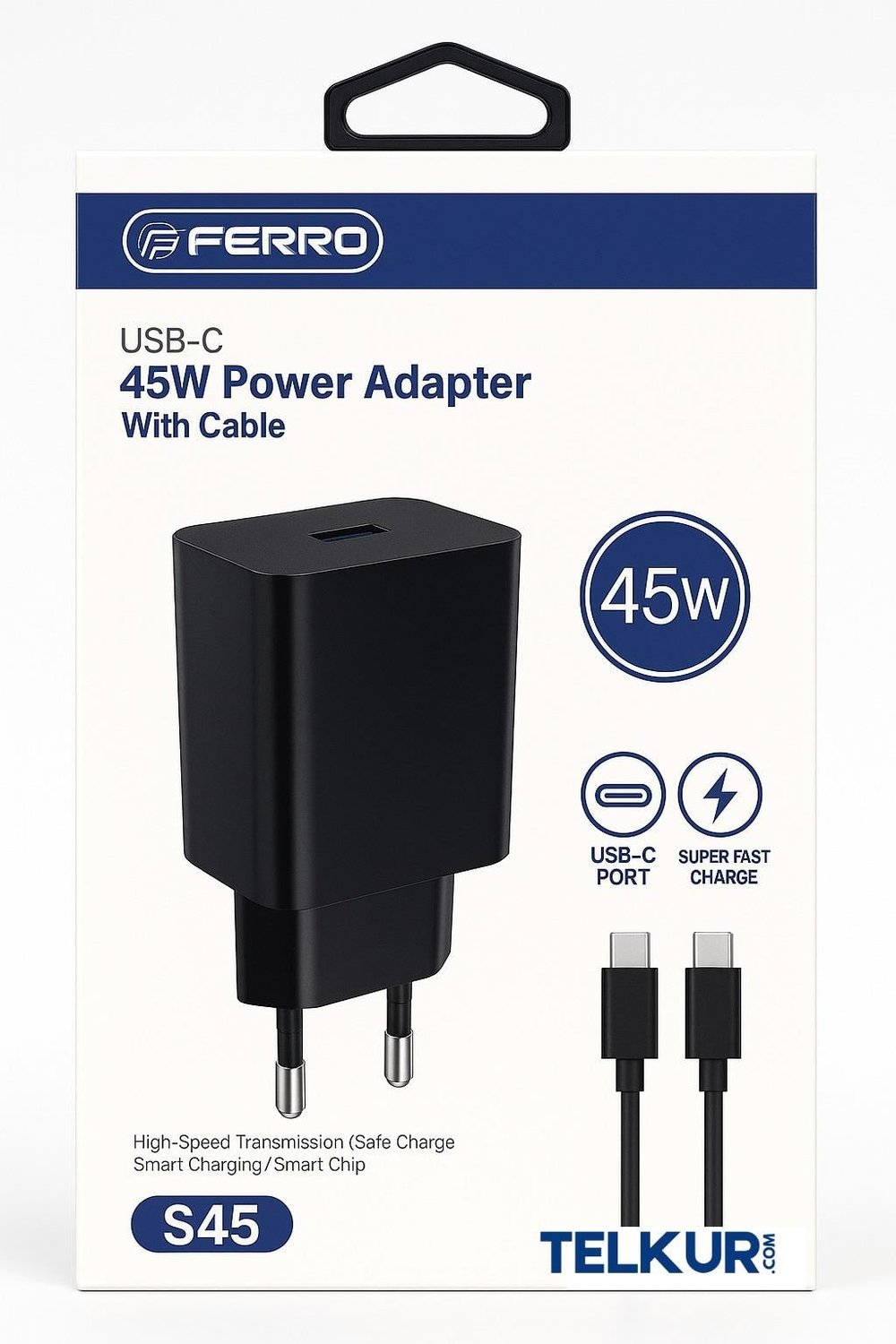 FERRO S45 Siyah 45W usb-c Çıkışlı Süper Hızlı Şarj Adaptör Başlık - Typec & Typec 1m Kablo Seti 