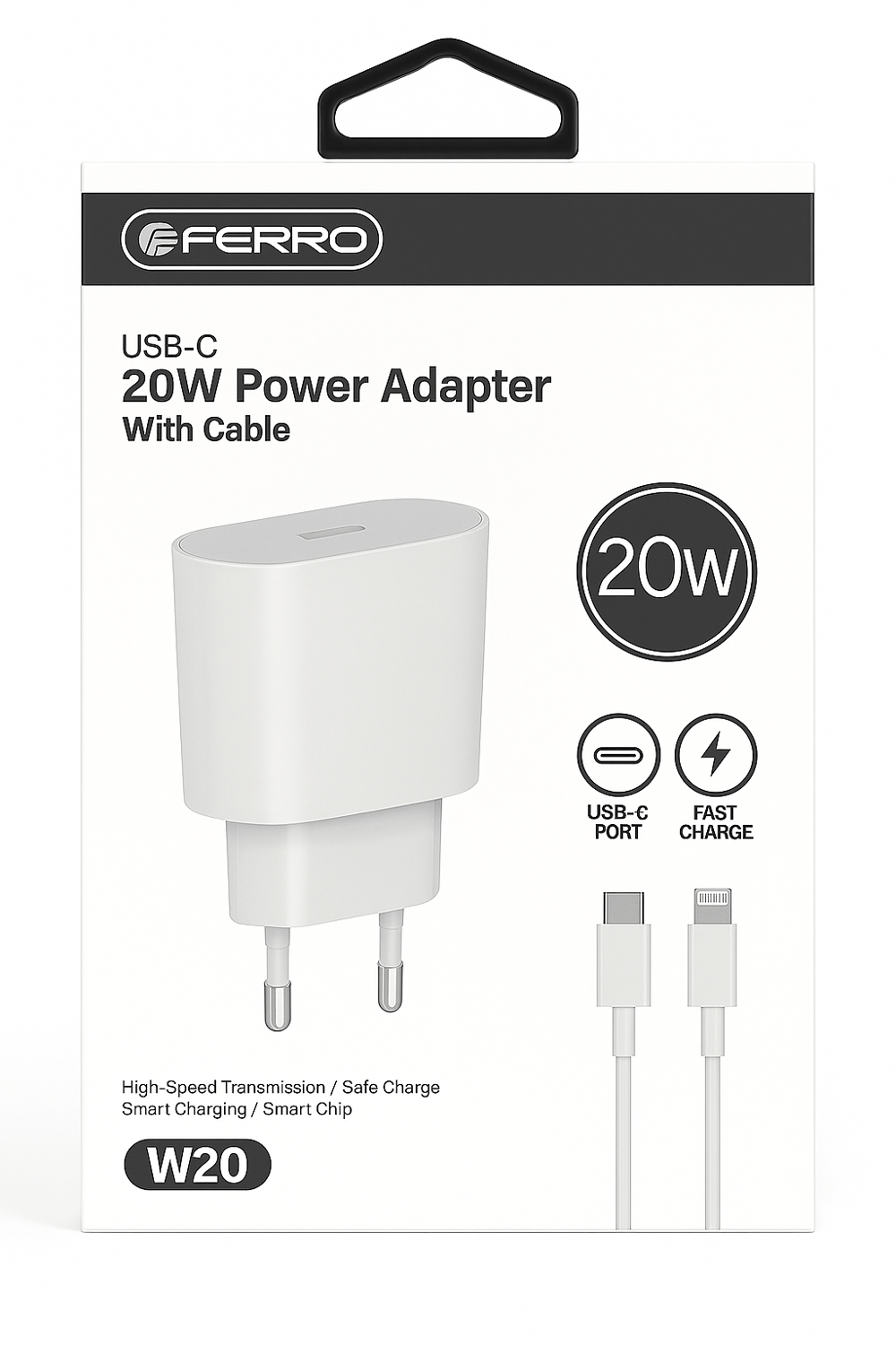 FERRO W20 Apple IPhone Tüm Modeller İçin Uyumlu Hızlı Şarj Aleti Set 20W Adaptör & Usb-C Kablo 