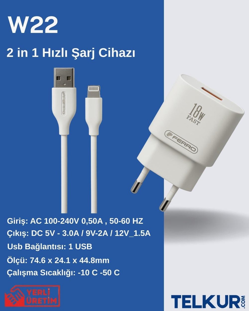 FERRO W22 Qualcom IPhone Uyumlu 18w 3.0 Lightning Hızlı Şarj Seti