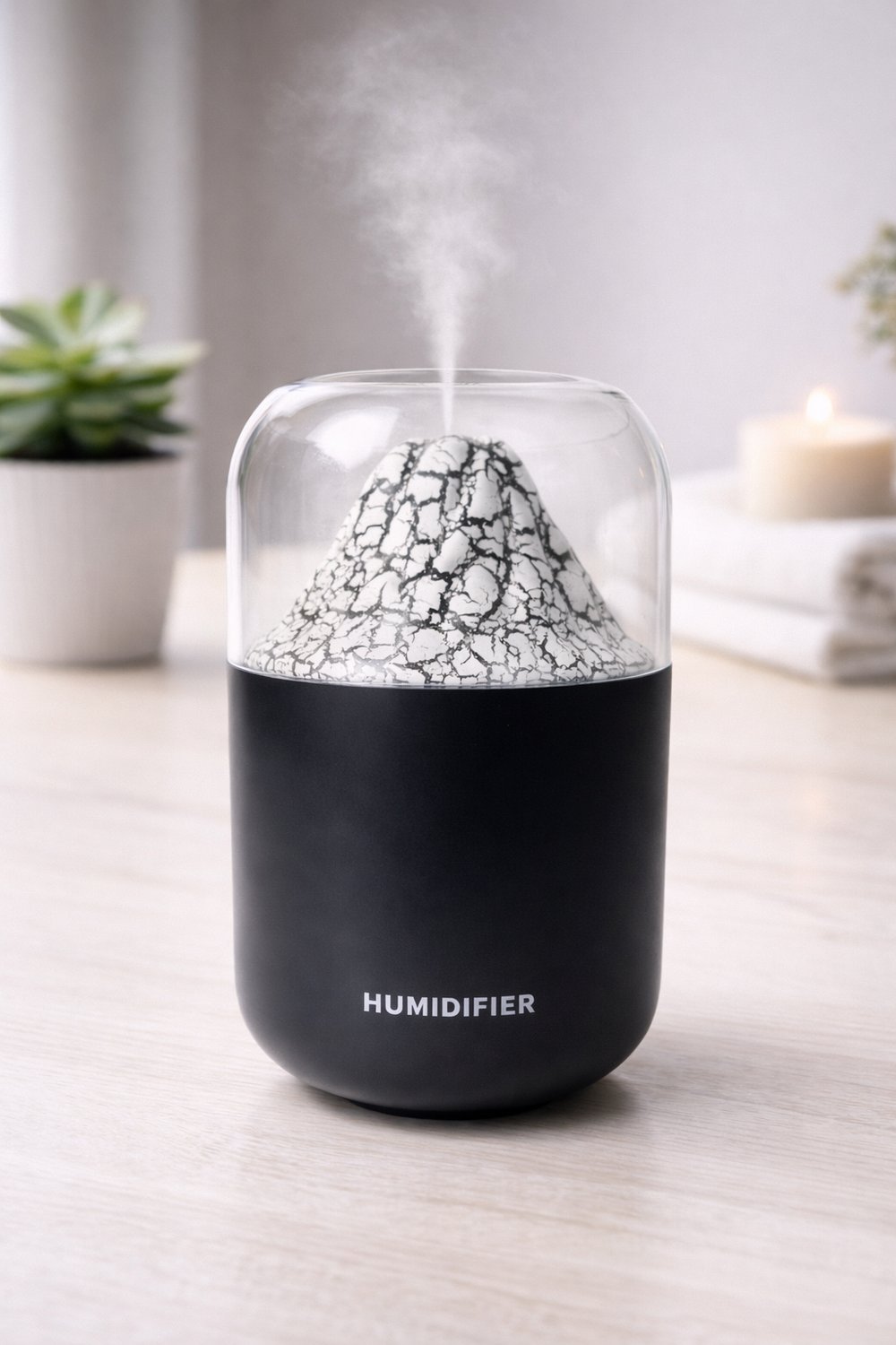 TELKUR Y10 Yanar Dağ Görünümlü LED Işıklı 300ML Hava Nemlendirici Oda Kokusu Siyah