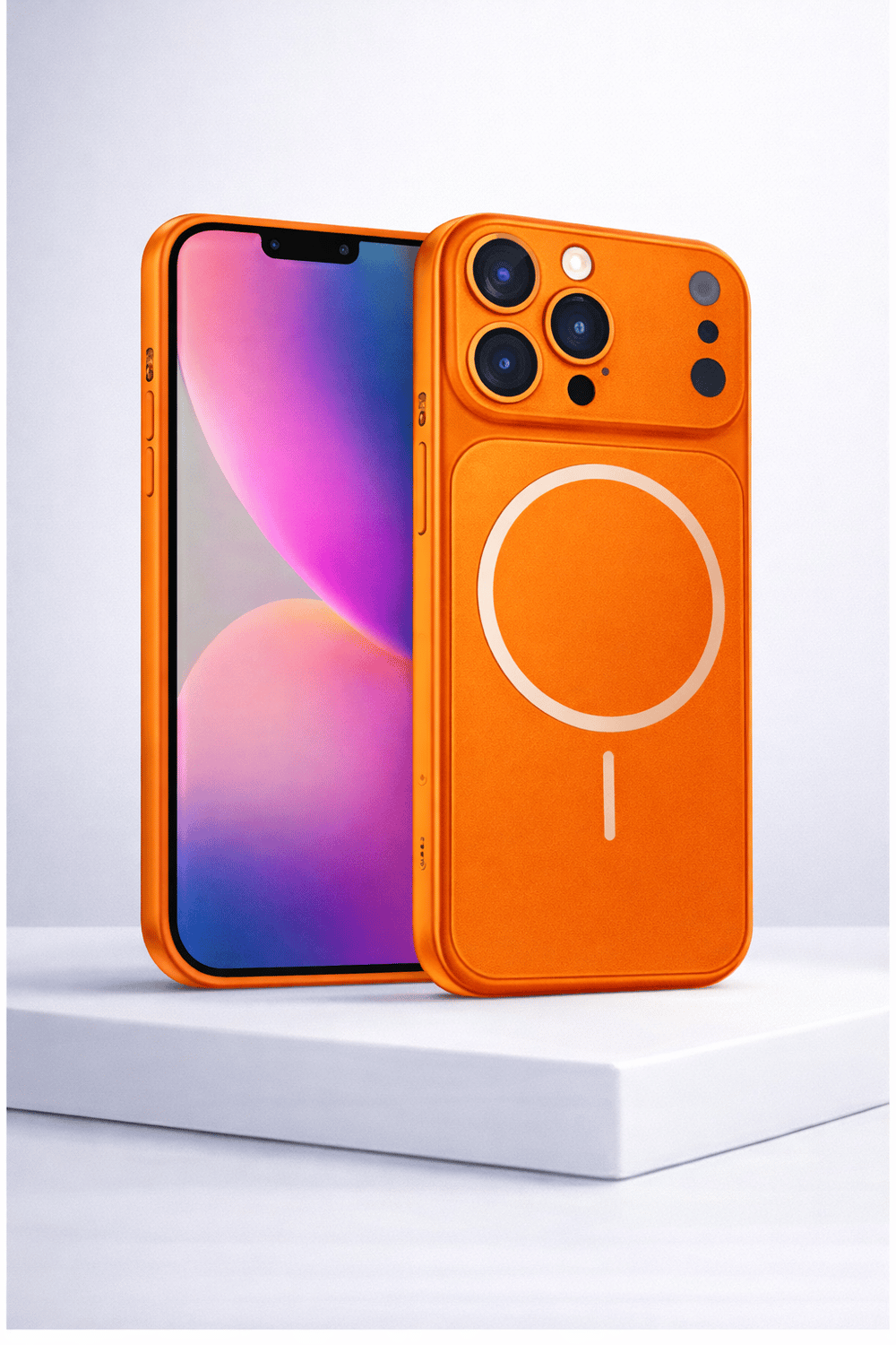 İPhone 13 Pro Max Uyumlu İPhone 17 Pro Max Görünümlü Magsafeli Kamera Kamera Lensli Kılıf Turuncu