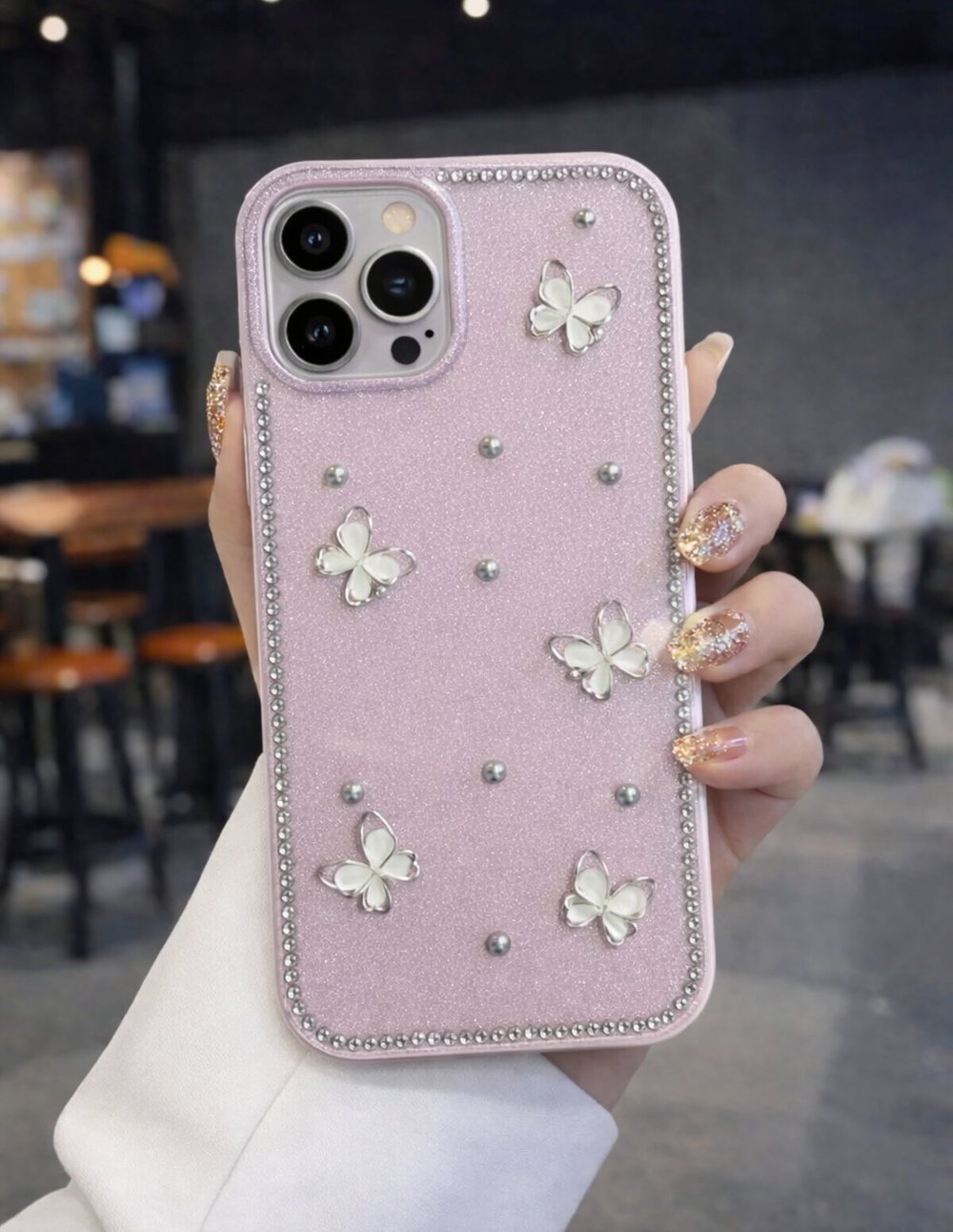 İPhone 13 Pro Max Uyumlu Kiraz Figürlü Simli İnci Taşlı Lüx Silikon Kılıf Pembe