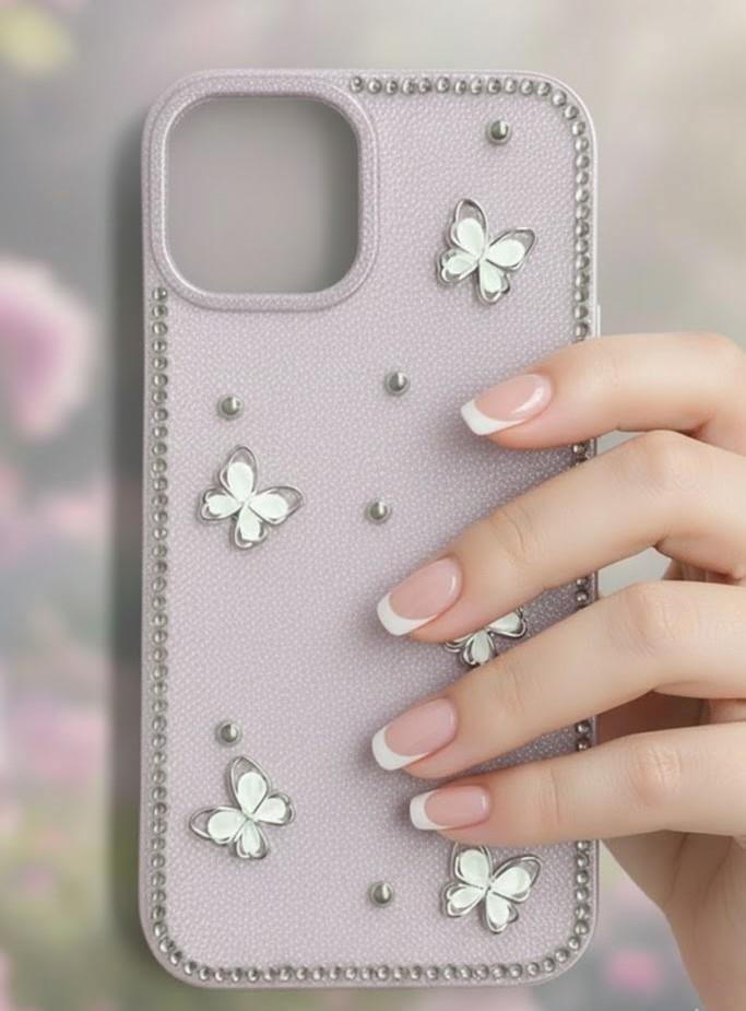 İPhone 16  Uyumlu Kelebek Figürlü Simli İnci Taşlı Lüx Silikon Kılıf Pembe