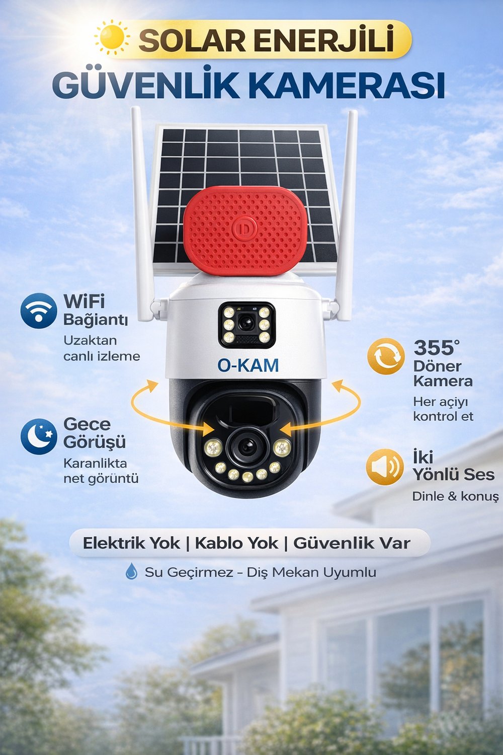O-KAM 7015 WİFİ Solar 10X OPTİK ZOOM Çift Lens Sirenli 6MP Gece Görüşlü Güvenlik Kamerası