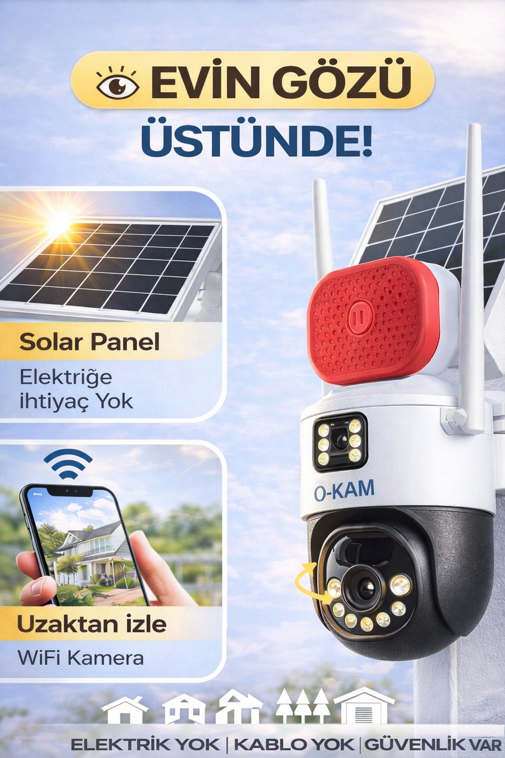 O-KAM 7015 WİFİ Solar 10X OPTİK ZOOM Çift Lens Sirenli 6MP Gece Görüşlü Güvenlik Kamerası