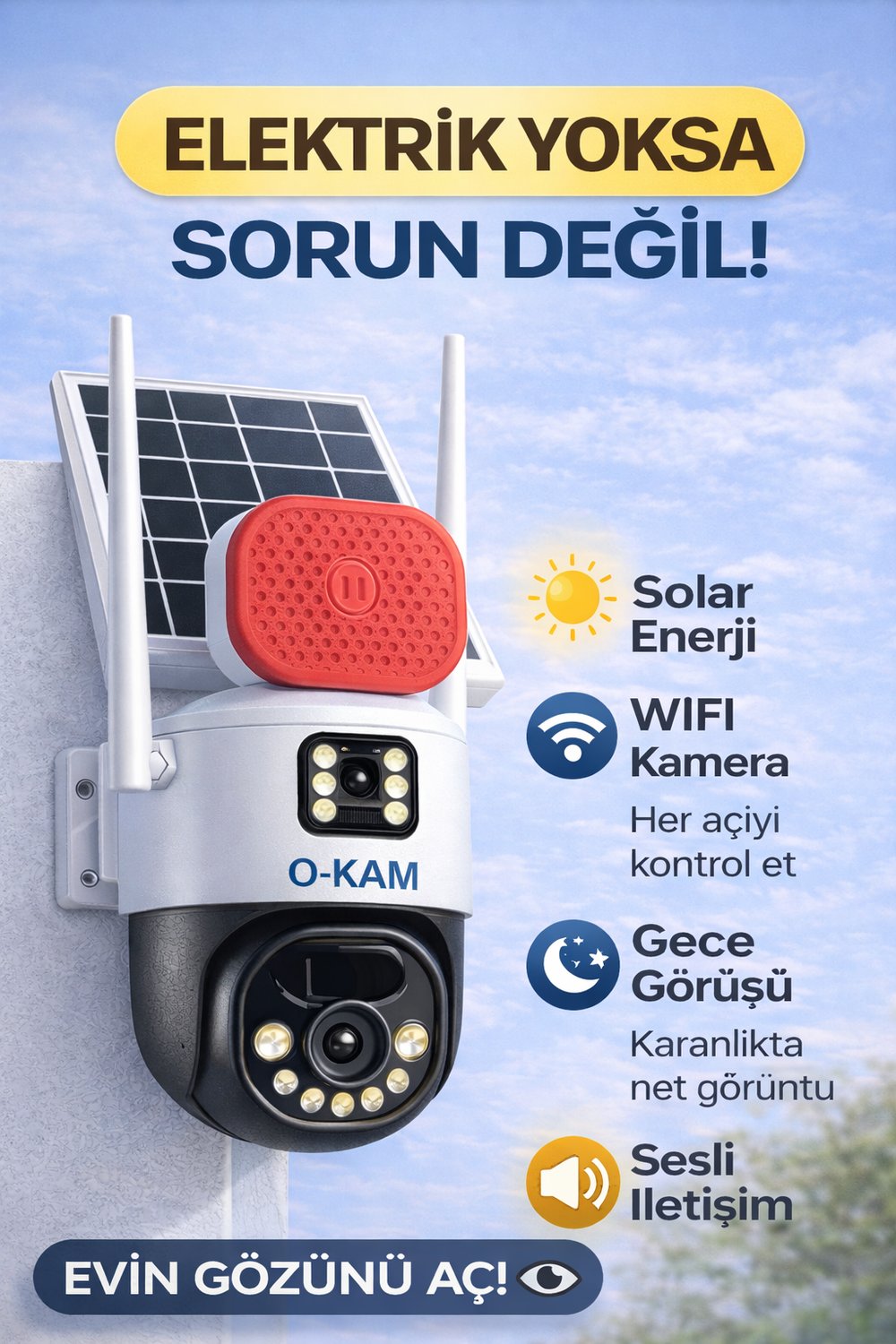 O-KAM 7015 WİFİ Solar 10X OPTİK ZOOM Çift Lens Sirenli 6MP Gece Görüşlü Güvenlik Kamerası