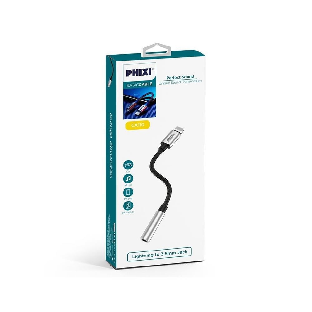 Phixi Basic CA110 Metal Başlıklı Örgü Kablo Lightning to 3.5mm Jack Çevirici
