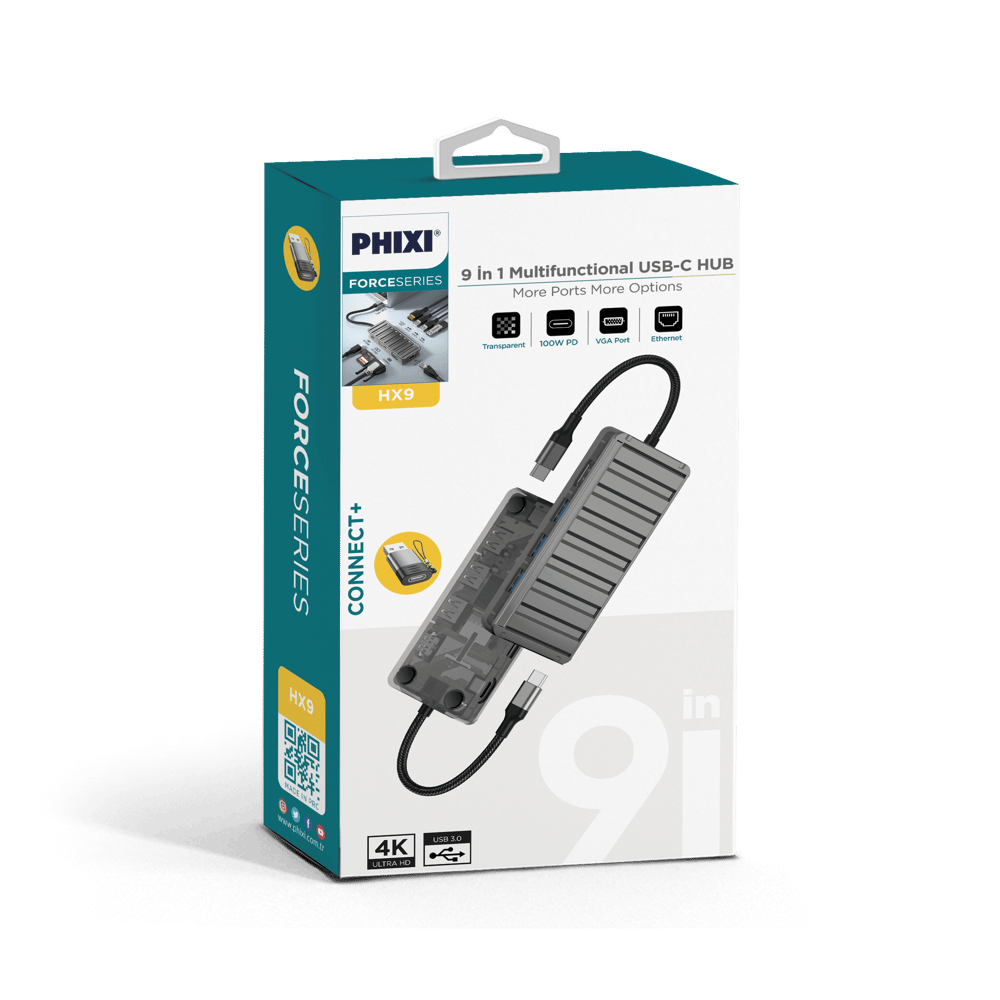 PHİXİ HX9 Force 9 in 1 USB C to HDMI VGA Ethernet Hub Çoklayıcı Hub