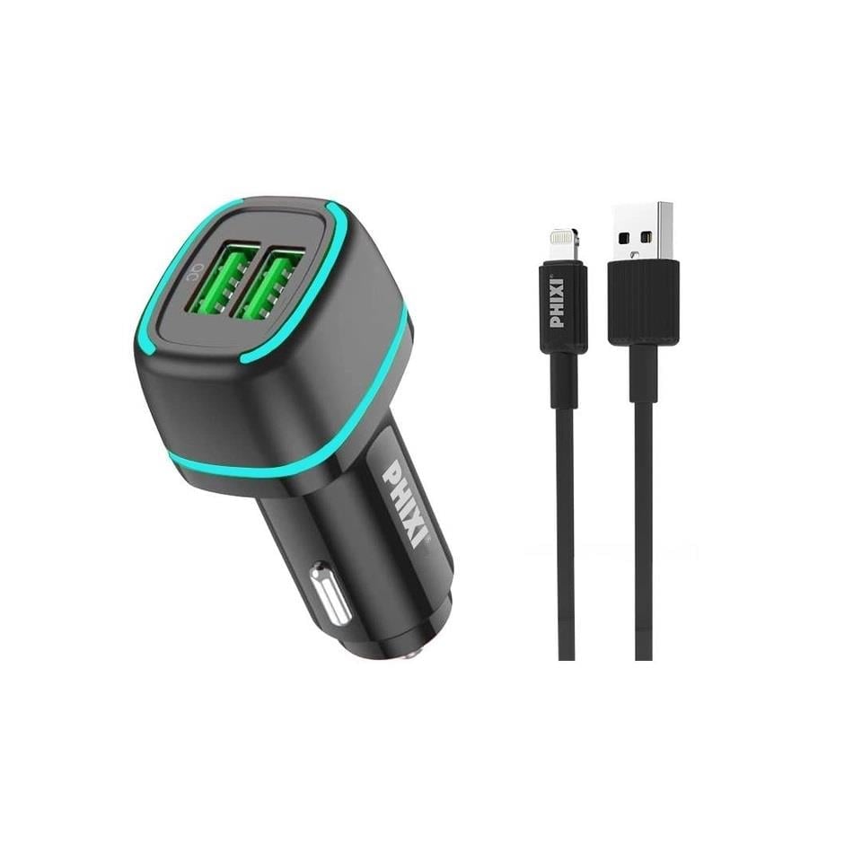 Phixi Force QCC571LB Çift Çıkışlı Fast Lightning USB Kablolu Araç Şarj Cihazı Siyah 