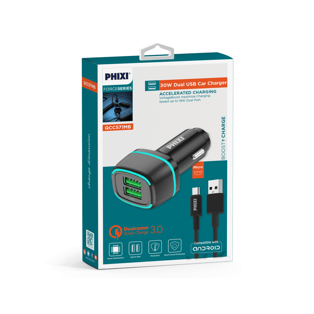 Phixi Force QCC571MB Çift Çıkışlı Fast Micro USB Kablolu Araç Şarj Cihazı Siyah 