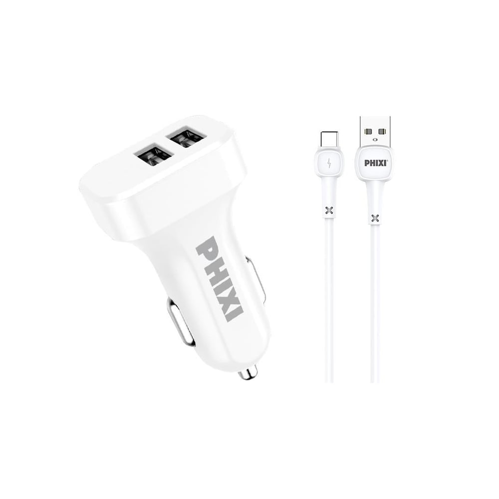 Phixi PCC511T Basic 2.1A Çift Çıkışlı Type-C USB Kablolu Araç Şarj Cihazı