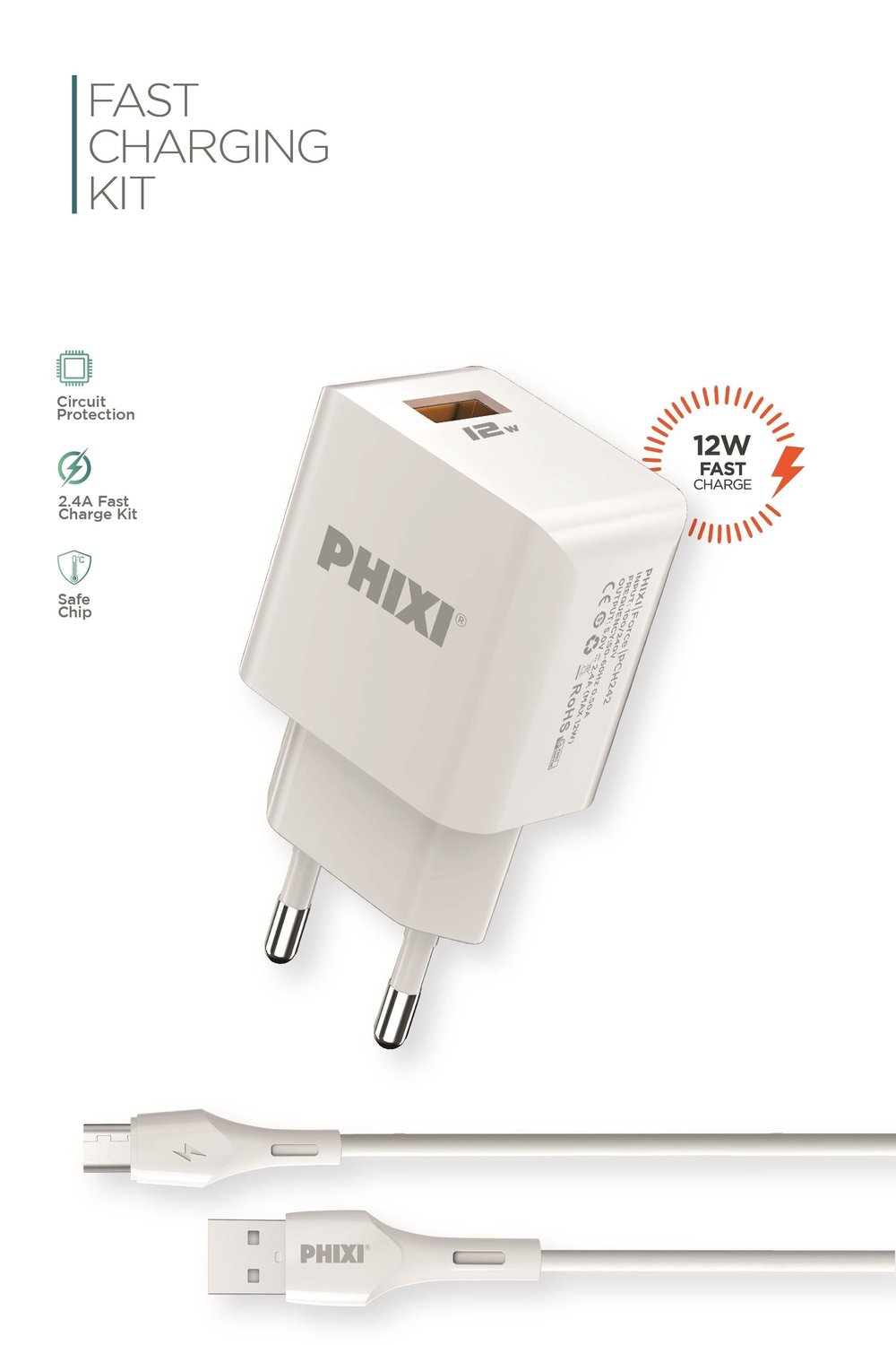 Phixi Force PCH242M Akım Korumalı 2.1A Micro USB Kablolu Şarj Cihazı