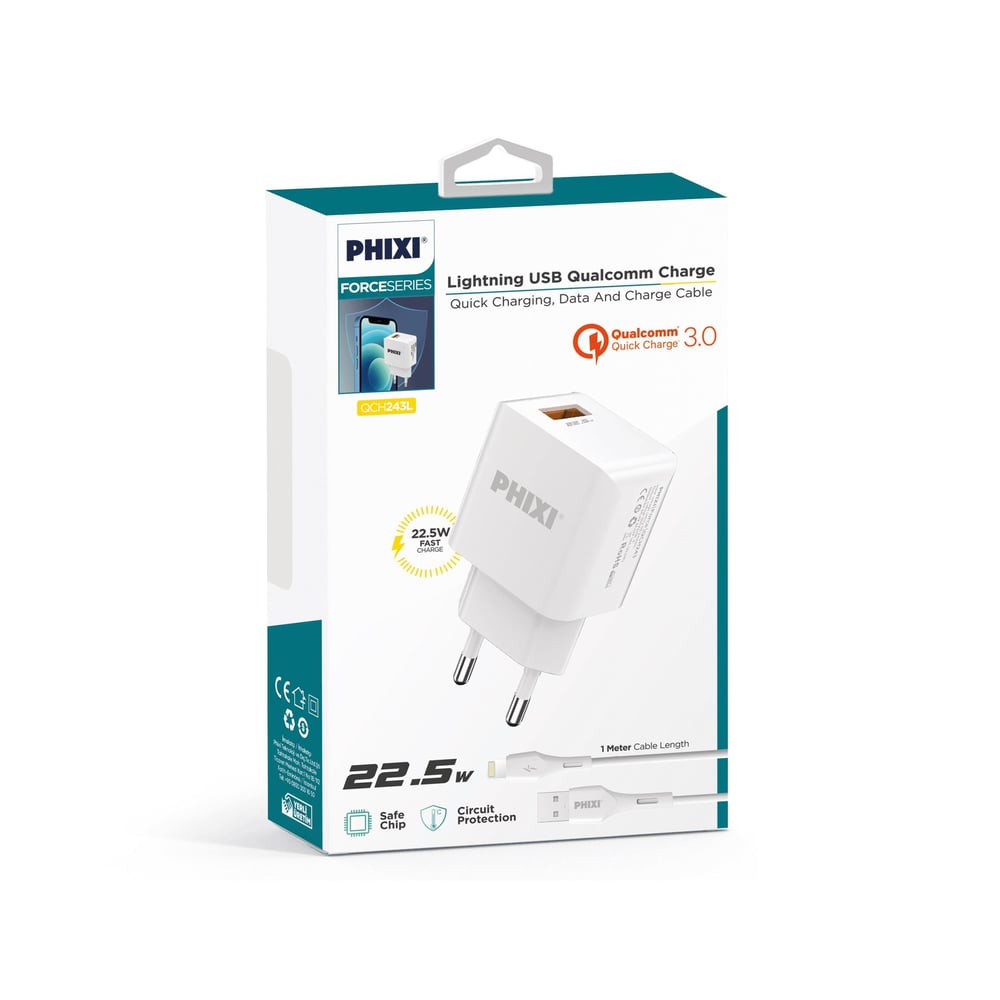 Phixi Force QCH243L Akım Korumalı 3.0A Lıghtnıng USB Kablolu Şarj Cihazı
