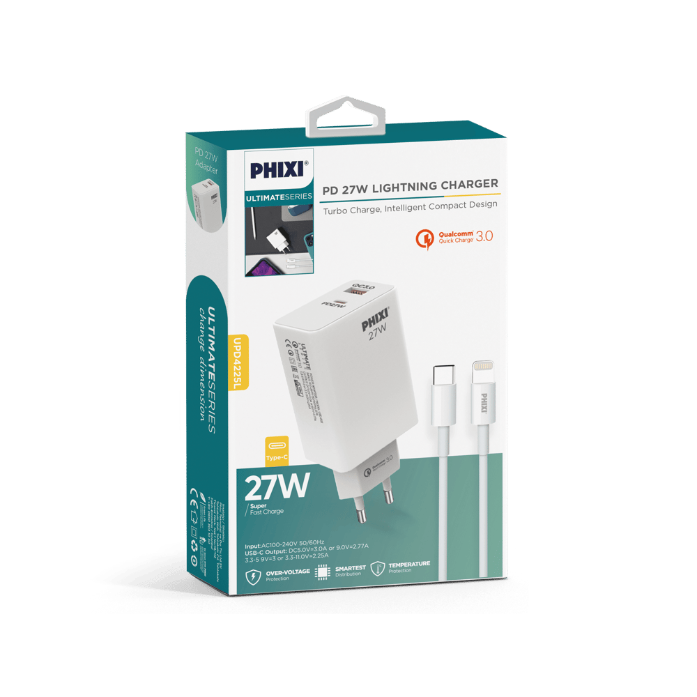 Phixi Ultimate UPD4225L 27W PD Çift Çıkışlı Lıghtnıng Hızlı Şarj Adaptörü