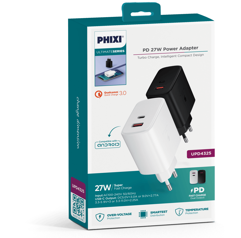 Phixi Ultimate UPD4325 27W PD Çift Çıkışlı Hızlı Şarj Adaptörü