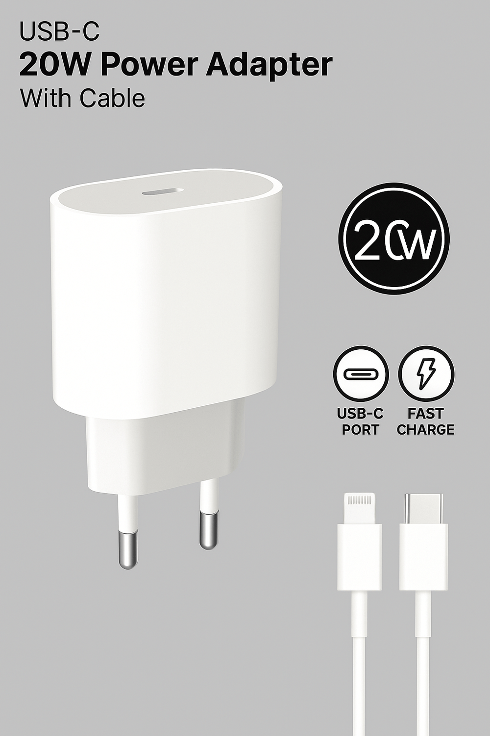 FERRO W20 Apple IPhone Tüm Modeller İçin Uyumlu Hızlı Şarj Aleti Set 20W Adaptör & Usb-C Kablo 
