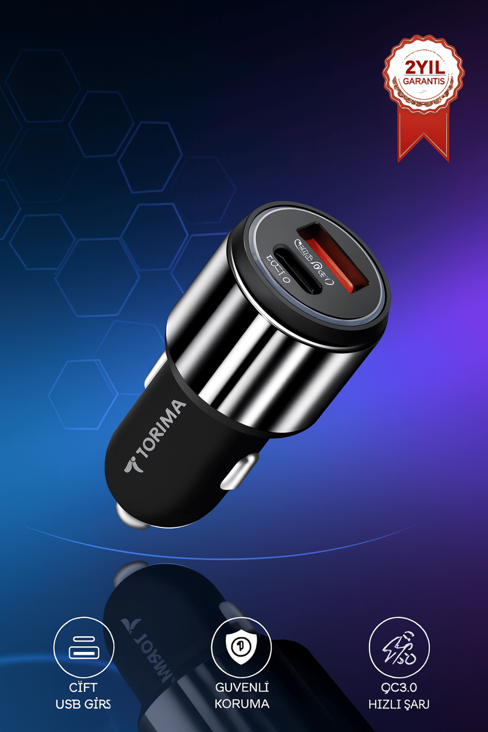 Torima C16 45W Silver Araç Şarj Cihazı Lıghtnıng Kablolu Hızlı Şarj Adaptörü