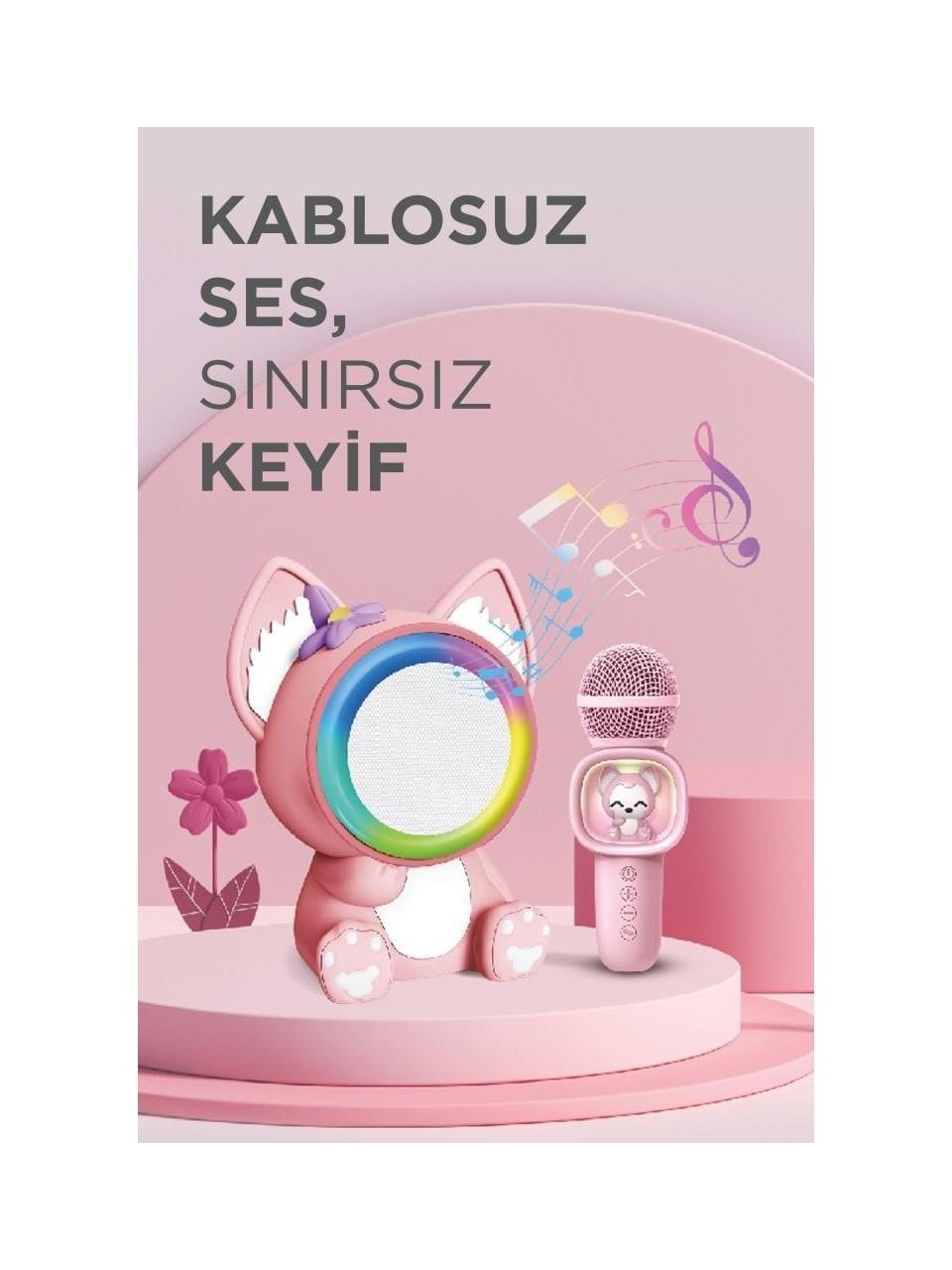 Torima KIDMIC-04 Bluetooth Hoparlör Rgb Işıklı Mikrofonlu Karaoke Sevimli Kedi Figürlü Speaker Pembe