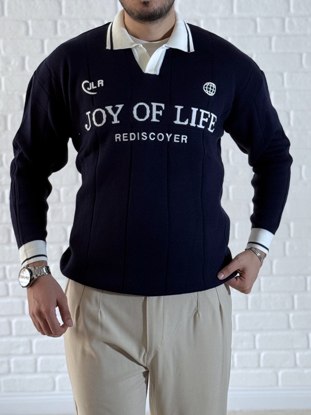 Erkek Oversize Fermuarlı Polo Yaka Dikiş Baskılı Kazak-  Lacivert / YZL01
