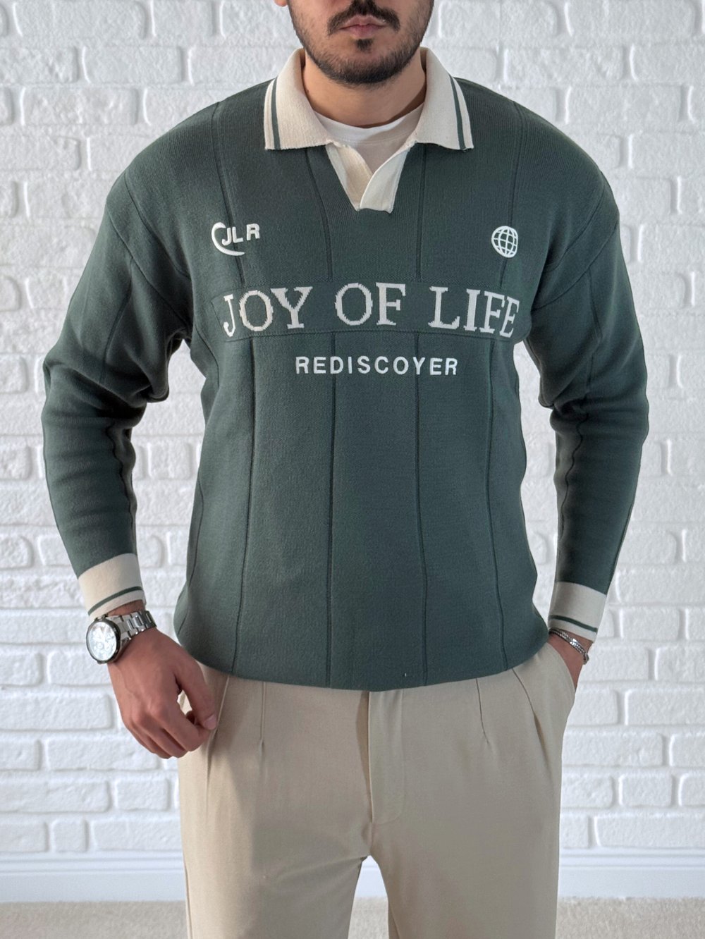 Erkek Oversize Fermuarlı Polo Yaka Dikiş Baskılı Kazak- Yeşil / YZL01