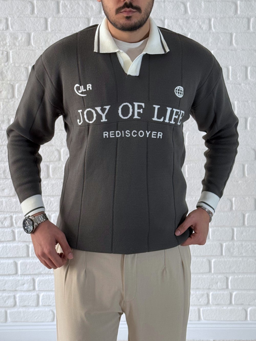 Erkek Oversize Fermuarlı Polo Yaka Dikiş Baskılı Kazak- Füme/ YZL01