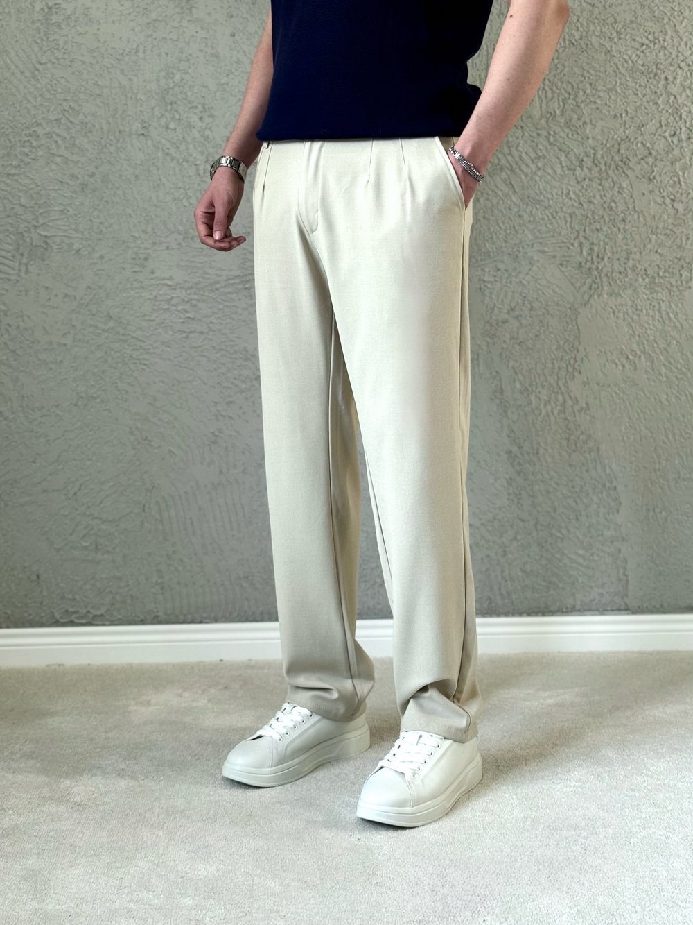 Erkek Premium Kalite Baggy Pileli Kumaş pantolon- Krem / KMS01