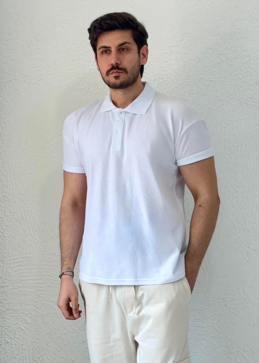 Özel kesim Kolları dar Oversize Polo Yaka T-shirt / Beyaz - PLY01