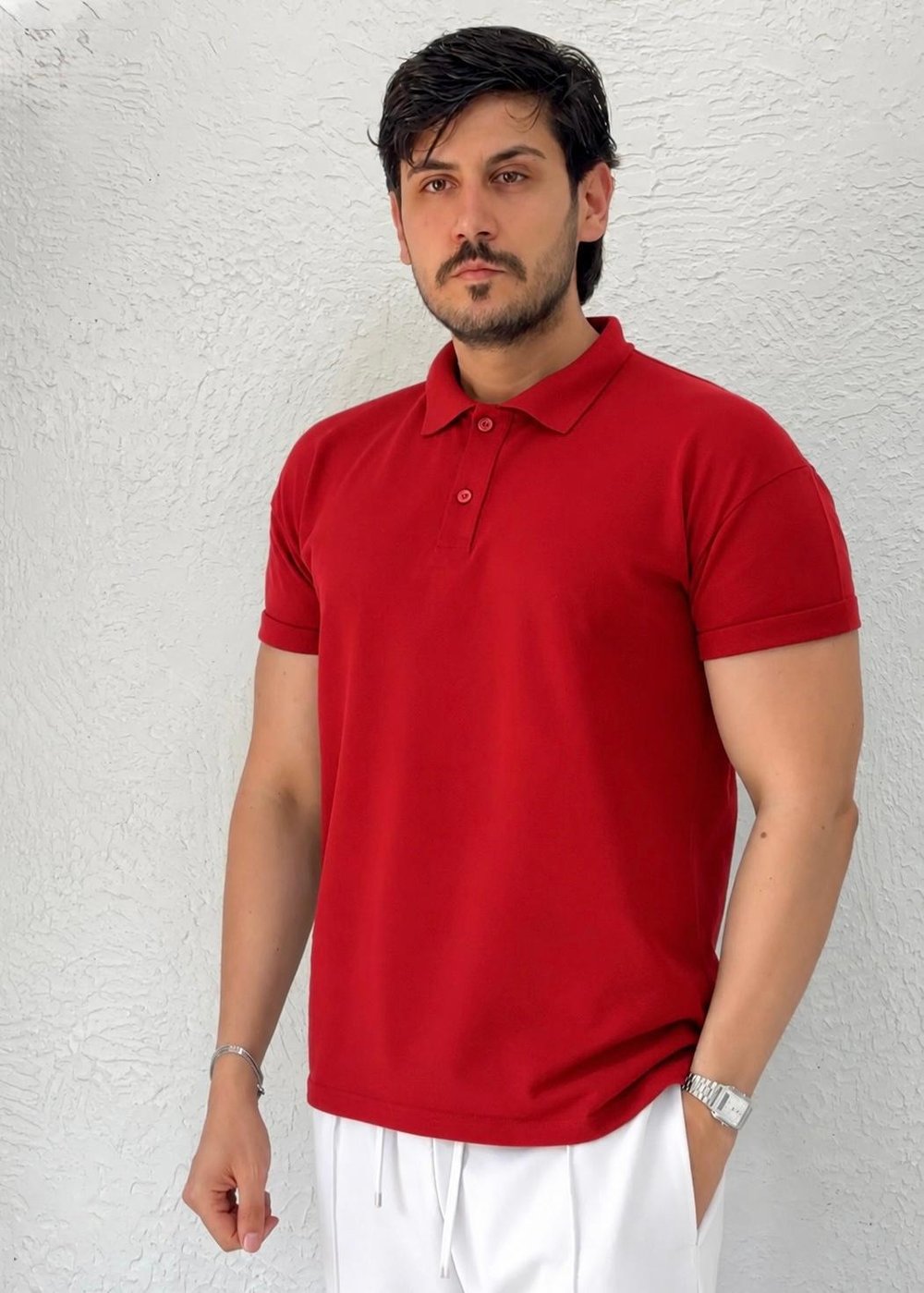 Özel kesim Kolları dar Oversize Polo Yaka T-shirt / Kırmızı - PLY01