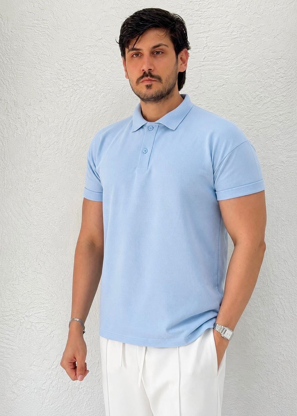 Özel kesim Kolları dar Oversize Polo Yaka T-shirt / Bebe Mavisi - PLY01