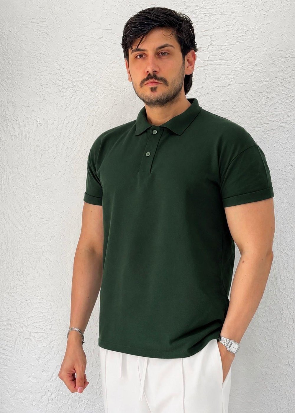 Özel kesim Kolları dar Oversize Polo Yaka T-shirt / Yeşil - PLY01