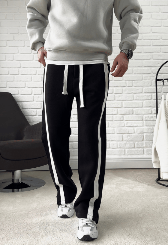 Premium Kalite Baggy Şerit Detaylı Eşofman Altı- Siyah / 2512Ş