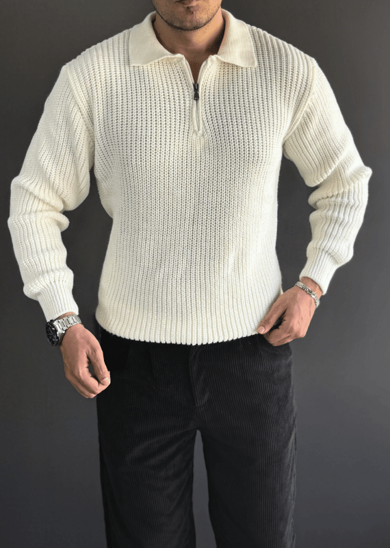 Premium Kalite Yaka Fermuar Detaylı Örgü Kazak- Krem/ KZK04