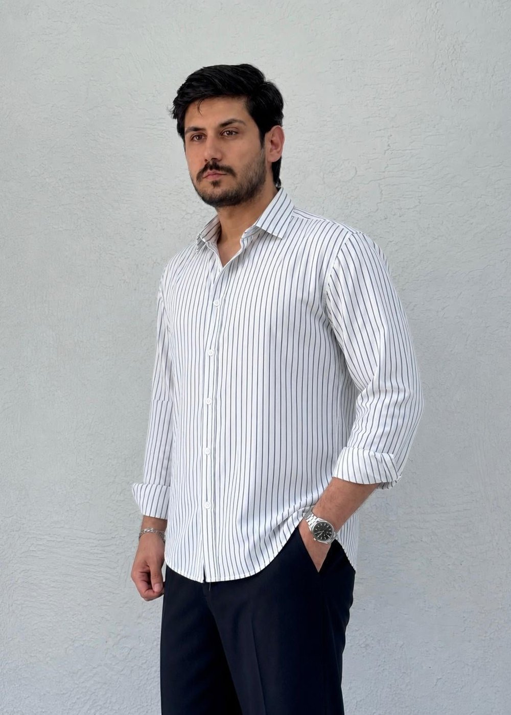 Yeni Sezon Çizgi Detaylı Modal Kumaş Yazlık Gömlek / BEYAZ - ÇZG01