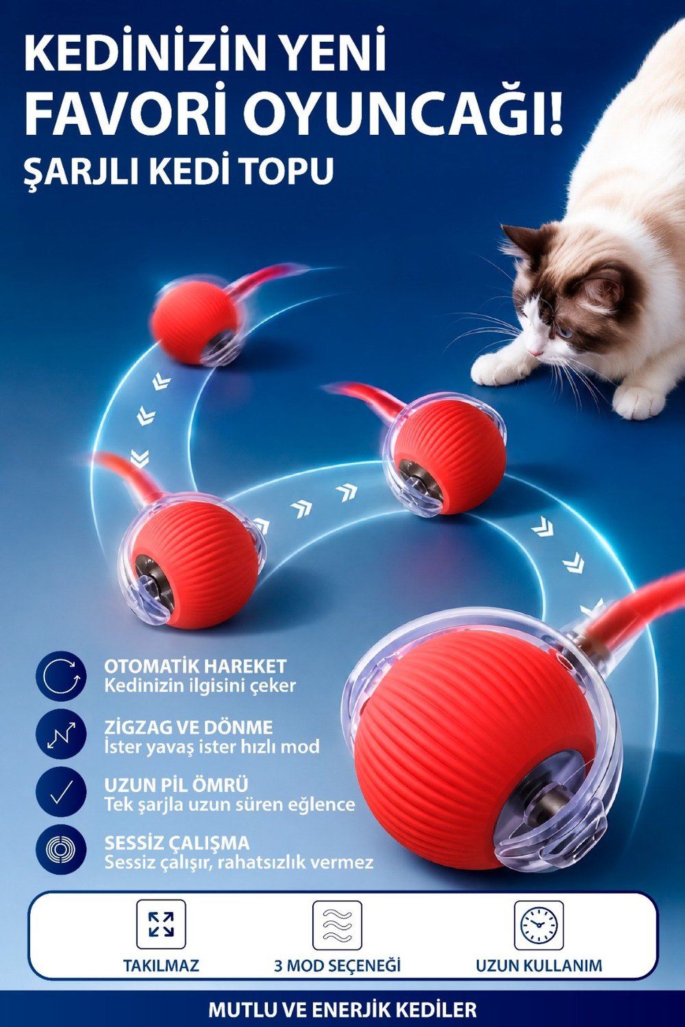 ŞARJLI KEDİ TOPU IŞIKLI HAREKETLİ 3 MODLU KEDİ OYUNCAĞI KIRMIZI C02