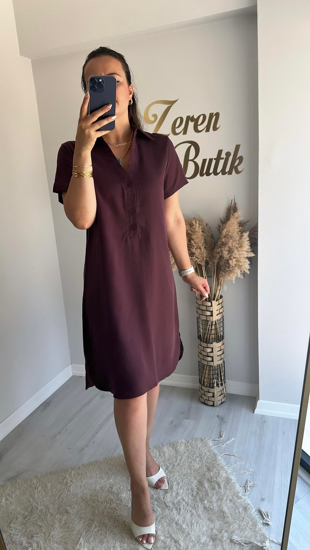 YAKASI DÜĞMELİ TENCEL ELBİSE