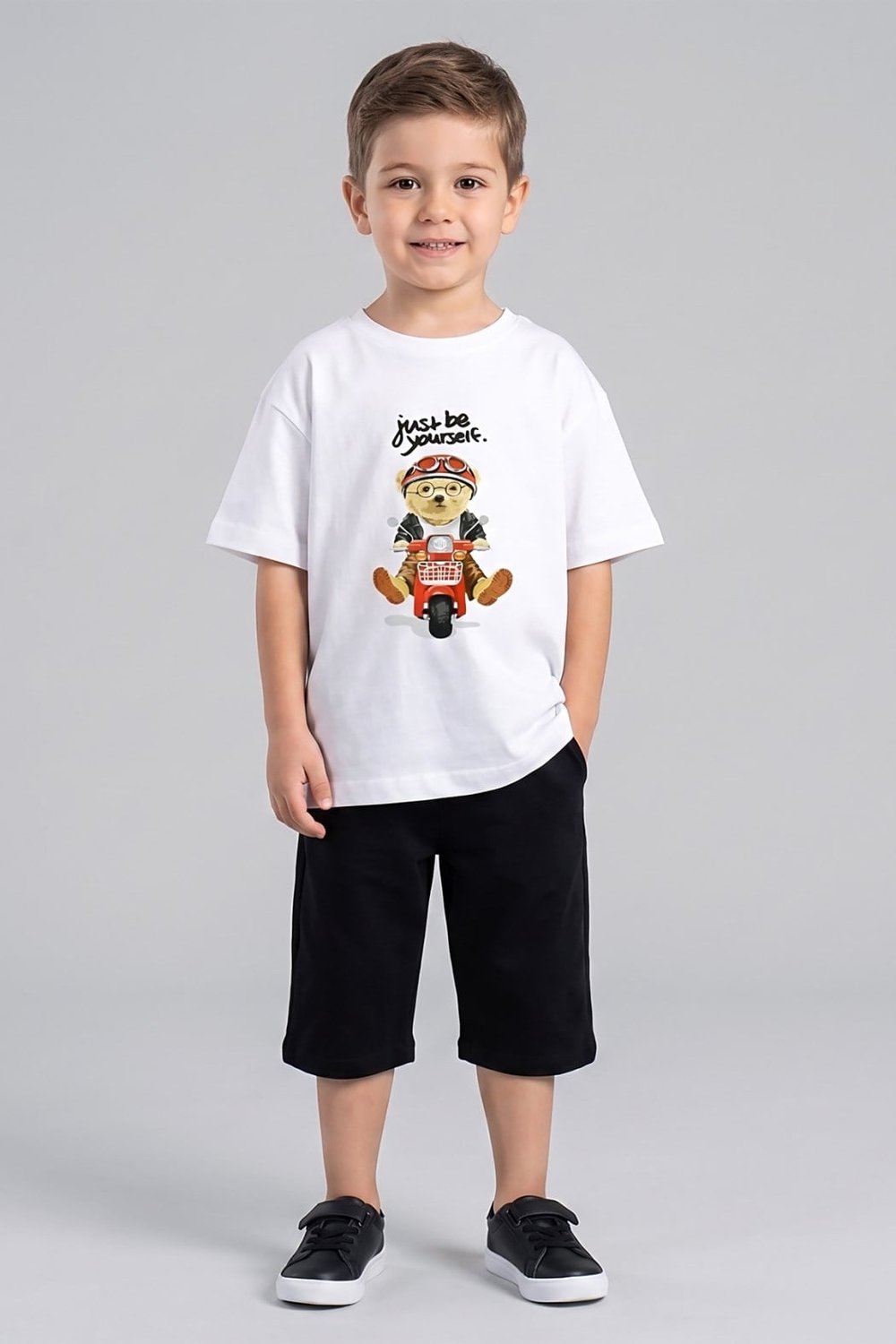 Erkek Çocuk Ayıcık Baskılı Tshirt 1-7 Yaş Beyaz