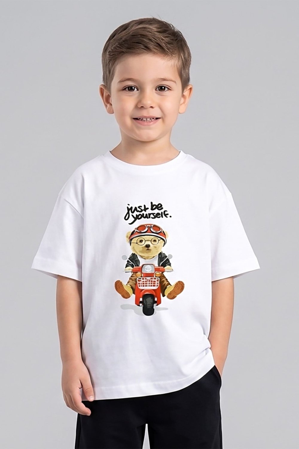 Erkek Çocuk Ayıcık Baskılı Tshirt 1-7 Yaş Beyaz