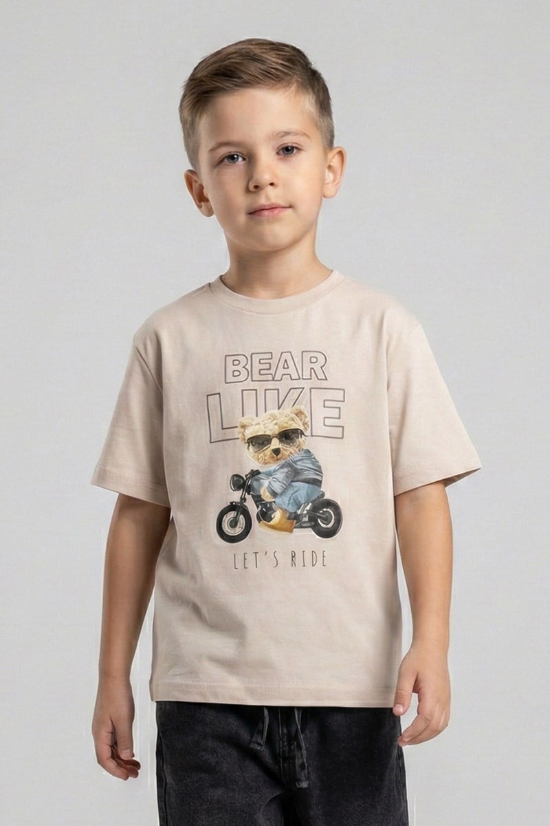 Erkek Çocuk Ayıcık Desenli Tshirt Bej 4-9 Yaş