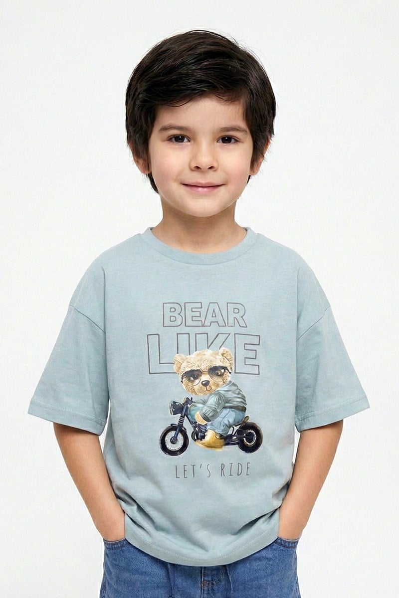 Erkek Çocuk Ayıcık Desenli Tshirt Mint 4-9 Yaş