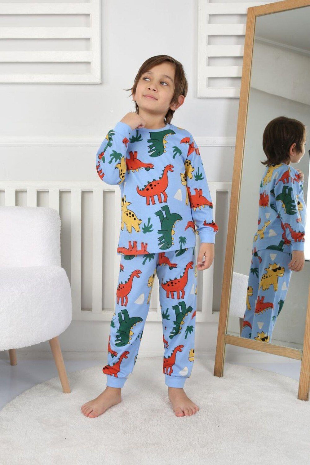 Erkek Çocuk Dino Desenli Uzun Kollu Pijama Takımı